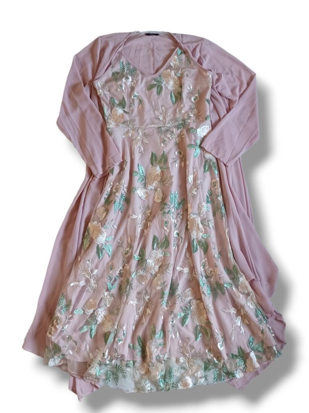 Womens Floral Maxi Dress Set With Cardigan Soft Pink Embroidered Chiffon Size L